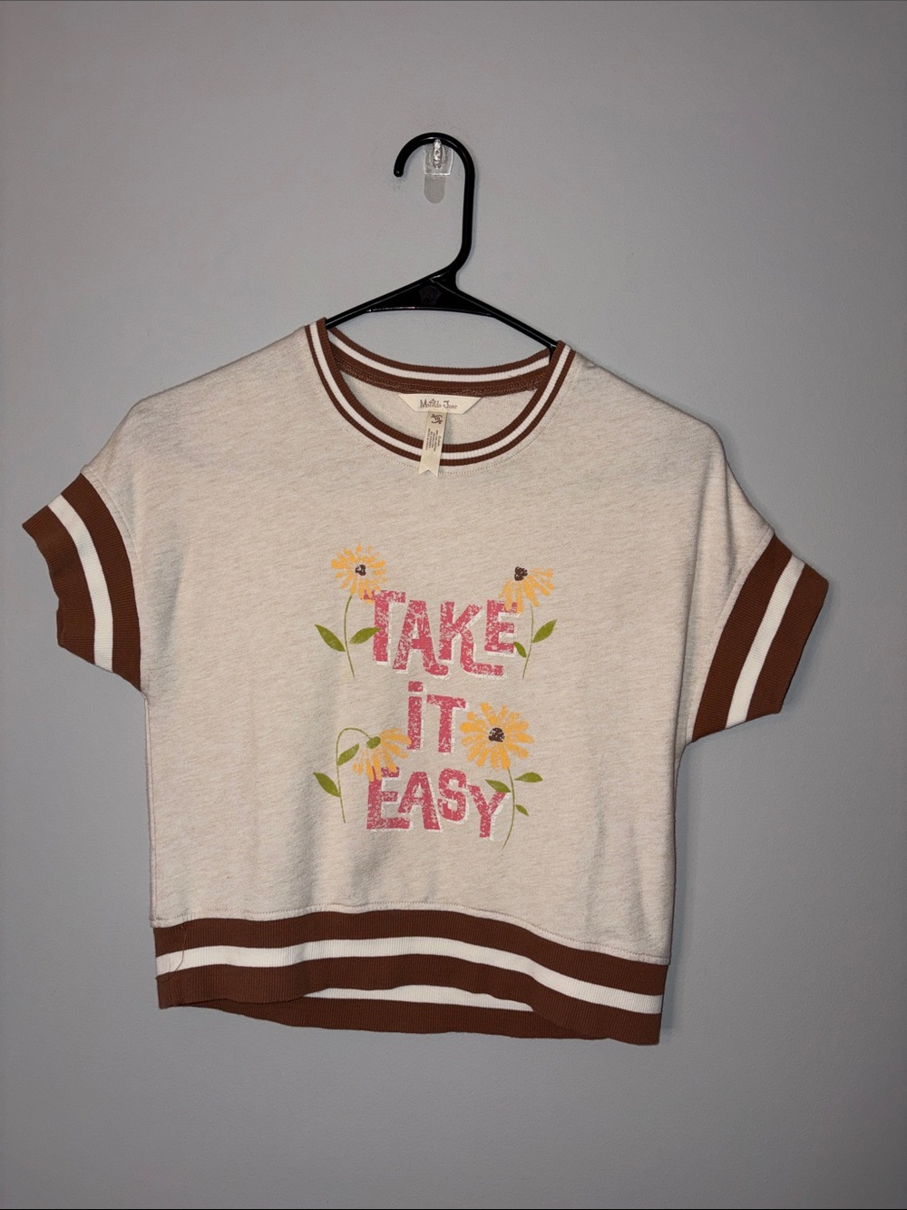 Matilda Jane Cream Tee with Brown Trim and Pink Graphic Girls 10